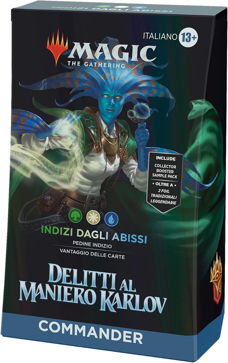 Mazzo Commander di Magic: The Gathering Delitti al Maniero Karlov - Indizi dagli Abissi (mazzo da 100 carte, Collector Booster Sample Pack da 2 carte + accessori) (versione italiana)