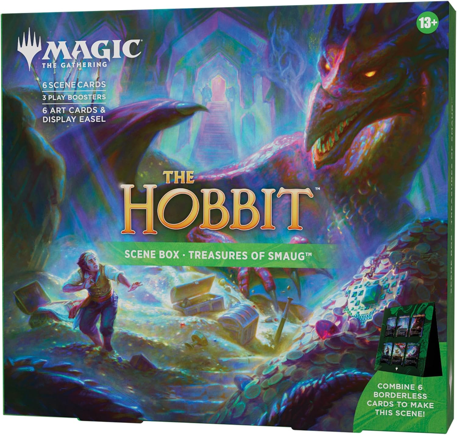 Confezione scena Magic: The Gathering | Lo Hobbit - Treasures of Smaug | 6 carte scena senza bordo foil, 6 carte con illustrazione, 3 buste di gioco e un cavalletto (Versione Inglese)