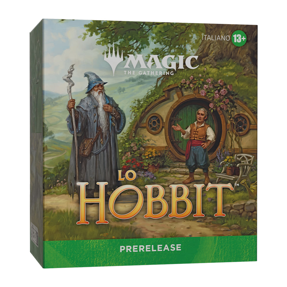 Magic: The Gathering | Lo Hobbit Prerelease Pack - 6 Buste di Gioco da 14 Carte, Carta Rara o Mitica Foil, 4 Terre Full-Art, Dado Spindown e Portamazzo - Italiano - 13+